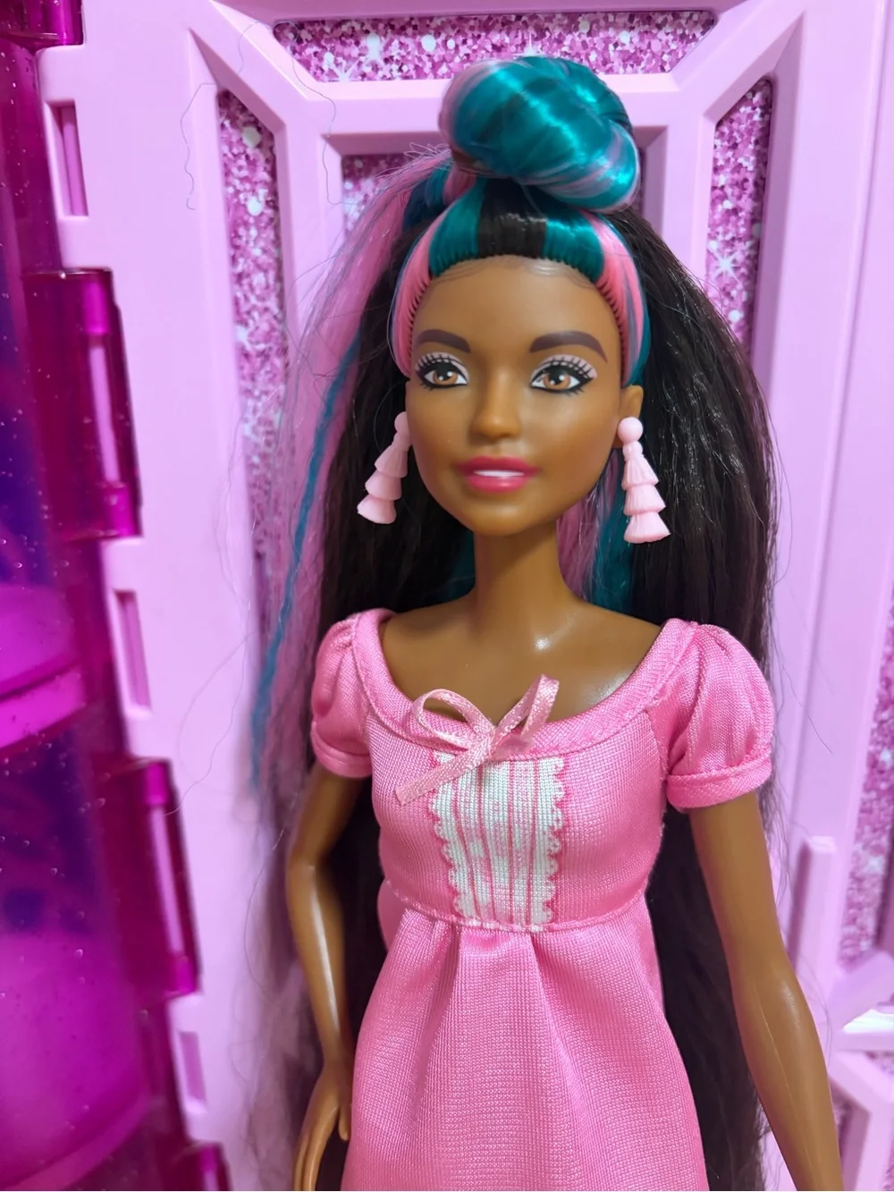 Barbie Pink Dress with Teal Hair Highlights and Pink Tassel Earrings
